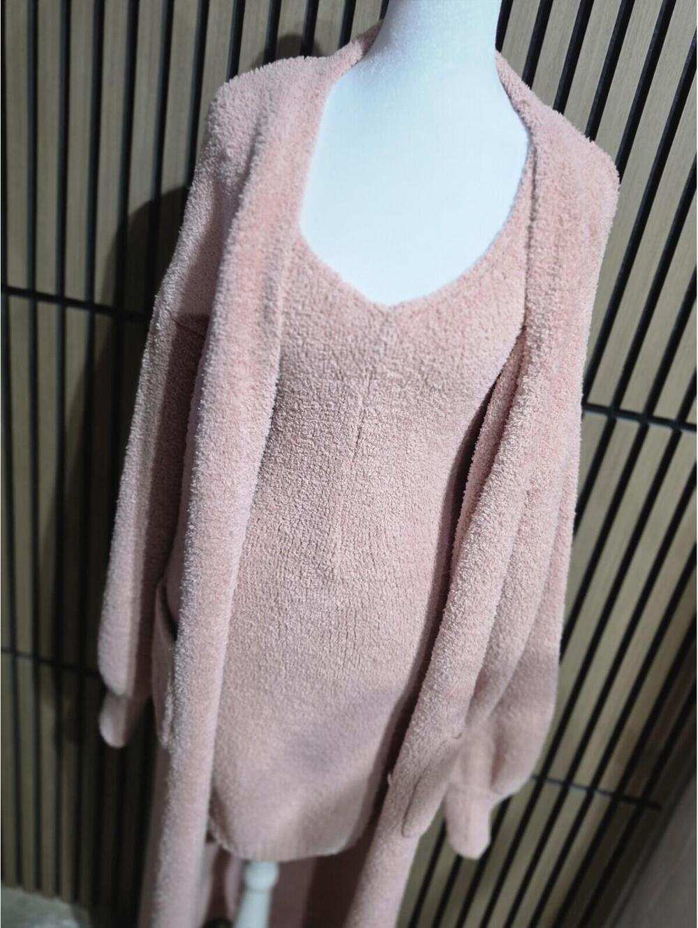 Pink Solid Knit 2-Piece Set Women Scoop Neck Dress & Long Sleeve Cardigan - Picture 2 of 6